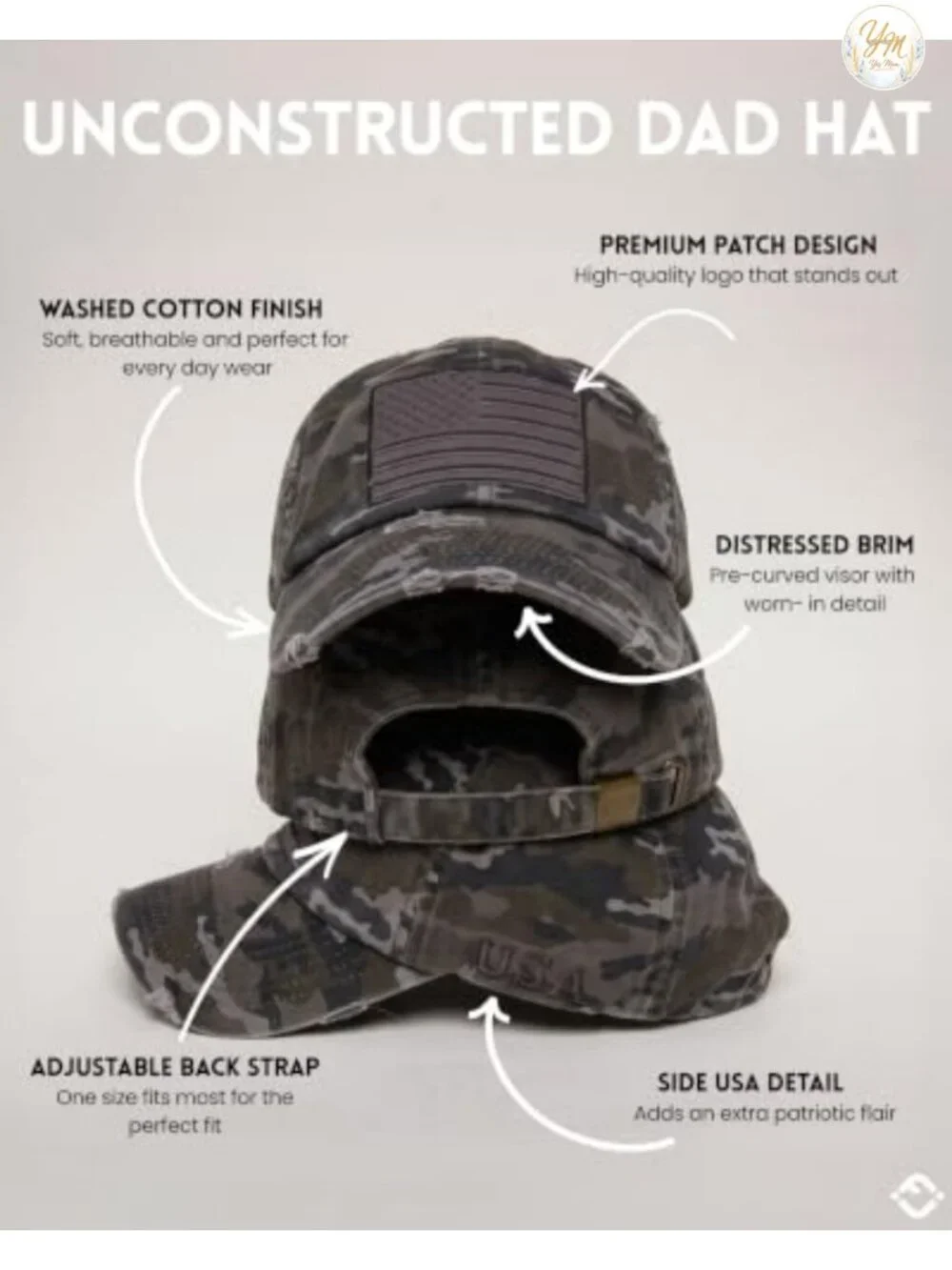 Distressed Baseball Cap, Vintage Embroidered Dad Hat, Adjustable Cotton